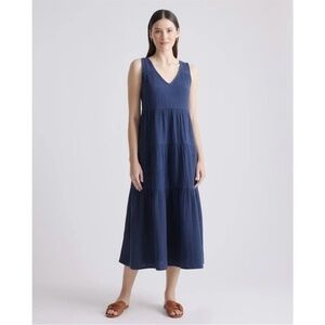 NWOT Quince Indigo Blue Organic Cotton Gauze Tiered Maxi Dress sz XL Sleeveless
